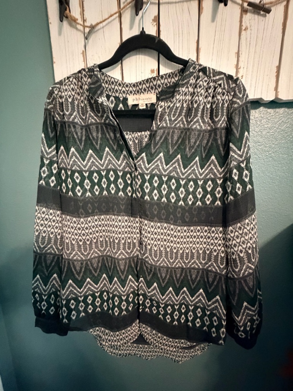 Philosophy Green and Black Geometric Print Blouse